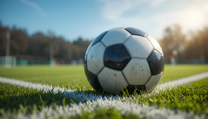 Fototapeta premium Dirty soccer ball on grassy field corner.