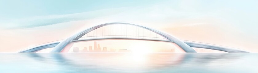 Obraz premium A serene depiction of a modern bridge arching elegantly over water, reflecting soft colors of a tranquil sunset that blends seamlessly with the horizon.