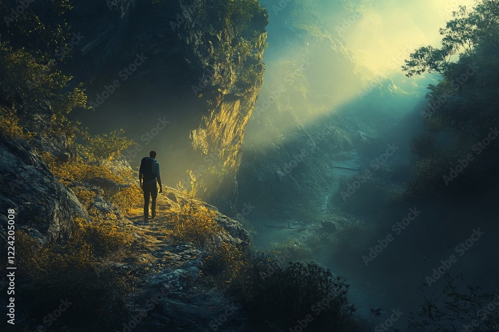 Poster adventurer walking through mystical forest path with sunlight streaming through trees