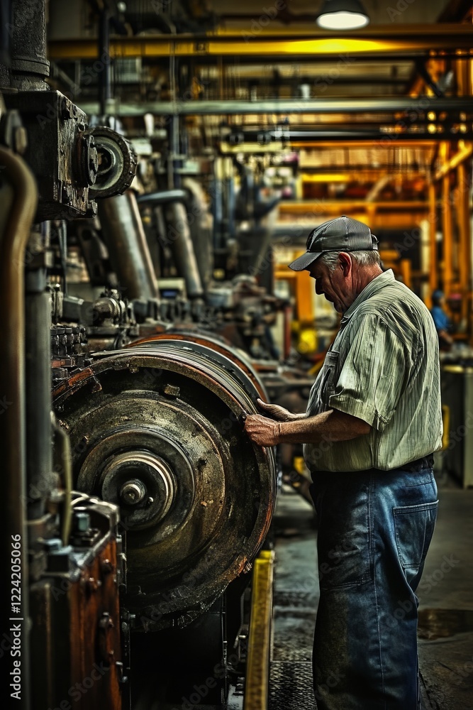 Poster industrial worker operating heavy machinery in a factory setting with focus