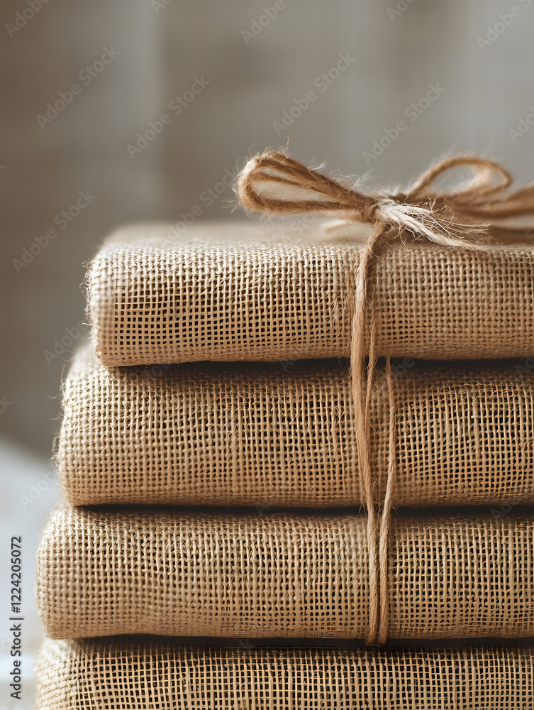 Poster rustic stacked burlap fabric with twine bow for natural vintage crafting style : generative ai