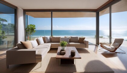 Fototapeta premium Modern oceanfront home with a sleek interior. Floor-to-ceiling windows showcase panoramic coastal views, blending luxurious living with natural beauty. Contemporary furniture complements the clean