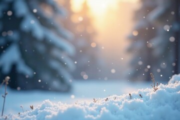 Naklejka premium Softly falling snowflakes on a winter morning create a serene ambiance, soft focus, snowfall, snowy landscape