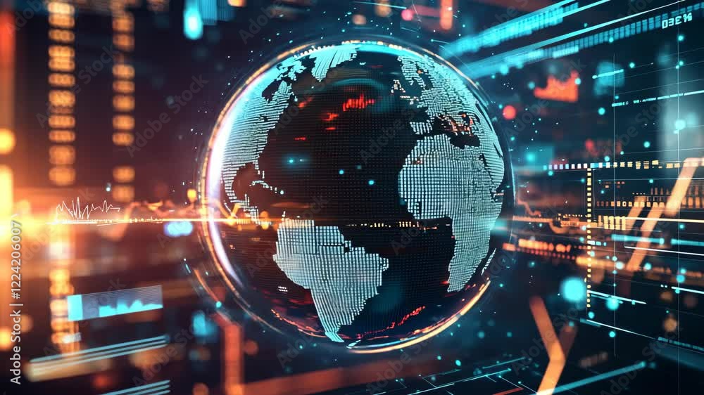 Aufkleber global network connection futuristic digital earth globe with data stream and light flare