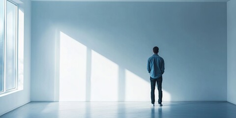 Fototapeta premium Solitary Figure in Minimalist Room with Large Window Casting Geometric Shadows on the Wall