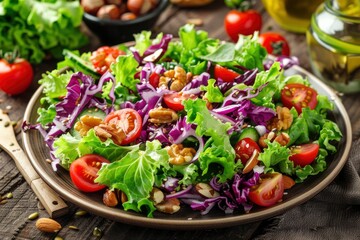 Freshly prepared colorful salad with cherry tomatoes, nuts, and greens on a rustic wooden table