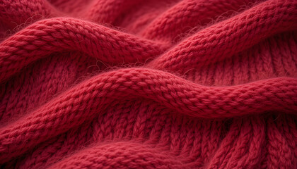 High-Resolution Close-Up of Red Knitted Wool Fabric Texture