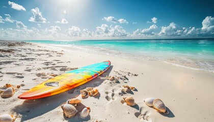 colorful surfboard laid on a serene white sandy beach, with gentle waves in the background and a bright sunny day enhancing the tropical vibe