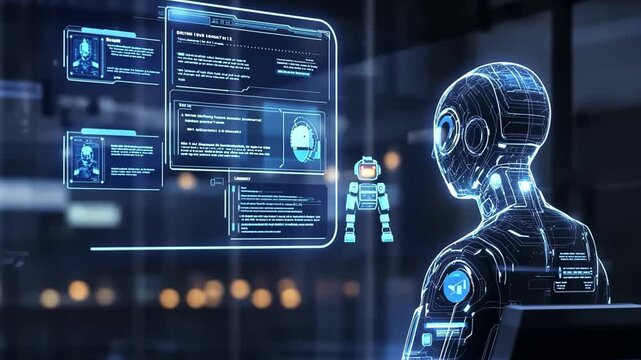 AI Collaboration: Two futuristic robots interact,  one reviewing data on a holographic screen, showcasing technological advancement and collaborative AI. 