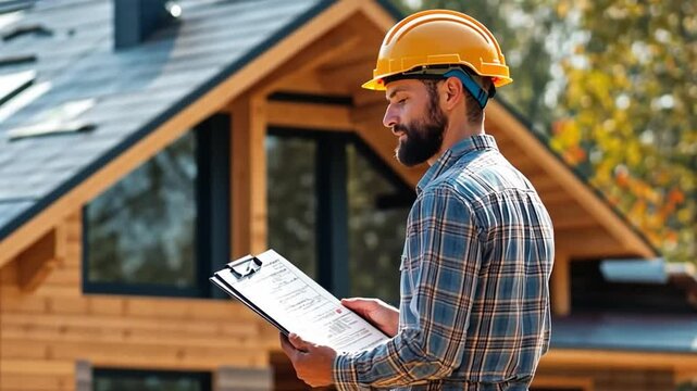 Home Construction Inspector: A focused construction worker reviews blueprints, standing before a newly built house.  He's wearing a yellow hardhat and plaid shirt.