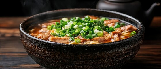 Steaming bowl of delicious beef noodle soup