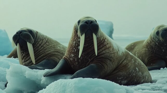 Three walruses resting on icy terrain, showcasing their distinct tusks and blubbery bodies.