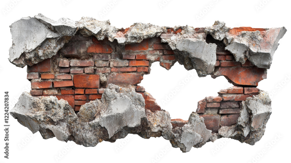 Poster the image shows a damaged segment of a brick wall with significant crumbling mortar and missing sect