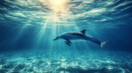 A diver swims side by side with a dolphin under the clear blue sea, sunlight penetrates the surface of the water, Ai generated images