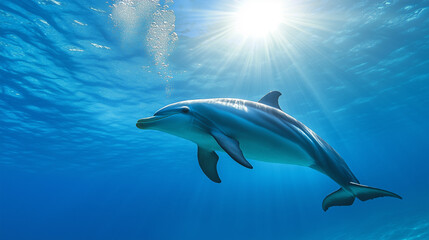 Fototapeta premium A diver swims side by side with a dolphin under the clear blue sea, sunlight penetrates the surface of the water, Ai generated images