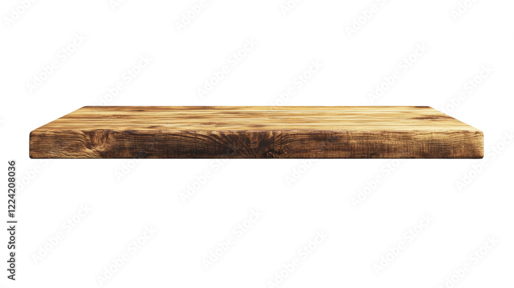 Poster a rustic, rectangular wooden shelf is isolated against a black background providing a clean and simp