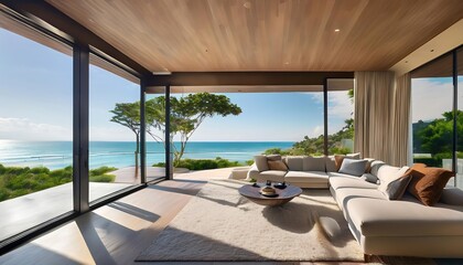 Fototapeta premium Modern oceanfront home with a sleek interior. Floor-to-ceiling windows showcase panoramic coastal views, blending luxurious living with natural beauty. Contemporary furniture complements the clean