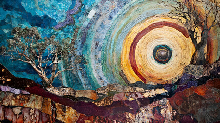 Cosmic Landscape Painting Featuring Vibrant Colors and Abstract Tree Design : Generative AI