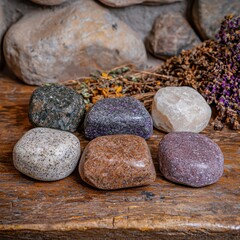 Fototapeta premium Collection of tumbled stones on wooden surface