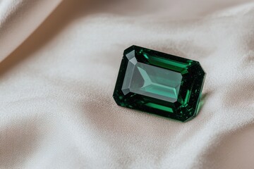 Emerald gemstone on silk fabric