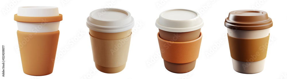 Poster A 3D rendering shows four coffee cups with different colored sleeves and lids, showcasing design options.