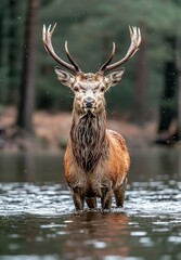 Fototapeta premium Majestic red deer stag wading through shallow water