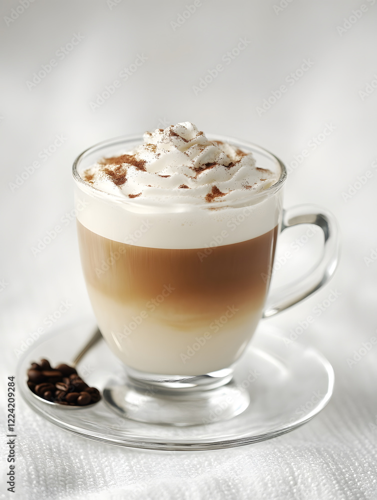 Poster elegant latte with whipped cream and cinnamon topping in glass mug on white background : generative 