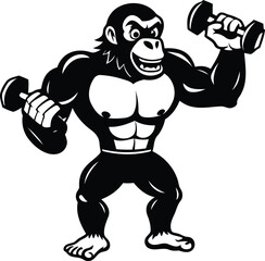 Strong angry cartoon Chimpanzee weightlifting vector illustration, Strong angry Style cartoon Chimpanzee silhouette, Strong angry cartoon Chimpanzee line art vector