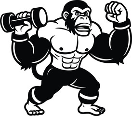 Strong angry cartoon Chimpanzee weightlifting vector illustration, Strong angry Style cartoon Chimpanzee silhouette, Strong angry cartoon Chimpanzee line art vector