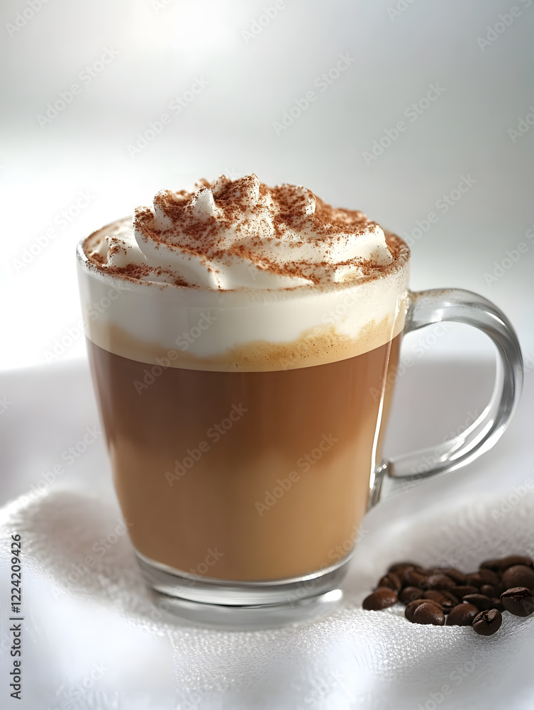 Poster delicious creamy cappuccino with whipped cream and cocoa on white background : generative ai