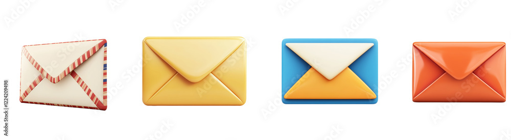 Aufkleber A 3D rendering showcases four stylized envelopes in various colors and styles, symbolizing different types of mail communication.