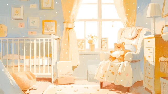 Watercolor illustration of nursery dcor, focusing on soft tones and inviting imagery
