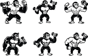 Strong angry cartoon Chimpanzee weightlifting vector illustration set, Strong angry Style cartoon Chimpanzee silhouette, Strong angry cartoon Chimpanzee line art vector