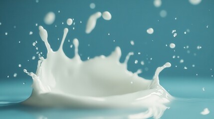 Splash of milk against a blue background, with milk droplets suspended in mid-air.