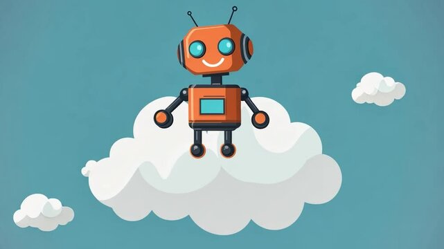 Happy Robot in the Clouds: A cheerful, cartoon-style robot with bright orange body and friendly eyes sits contentedly on a fluffy white cloud against a serene blue sky.