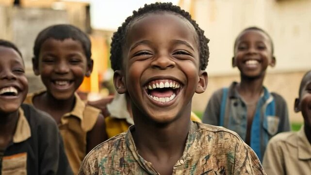 Unbridled Joy: A group of African children radiate pure, unadulterated joy, their infectious laughter capturing the essence of childhood innocence and carefree happiness.