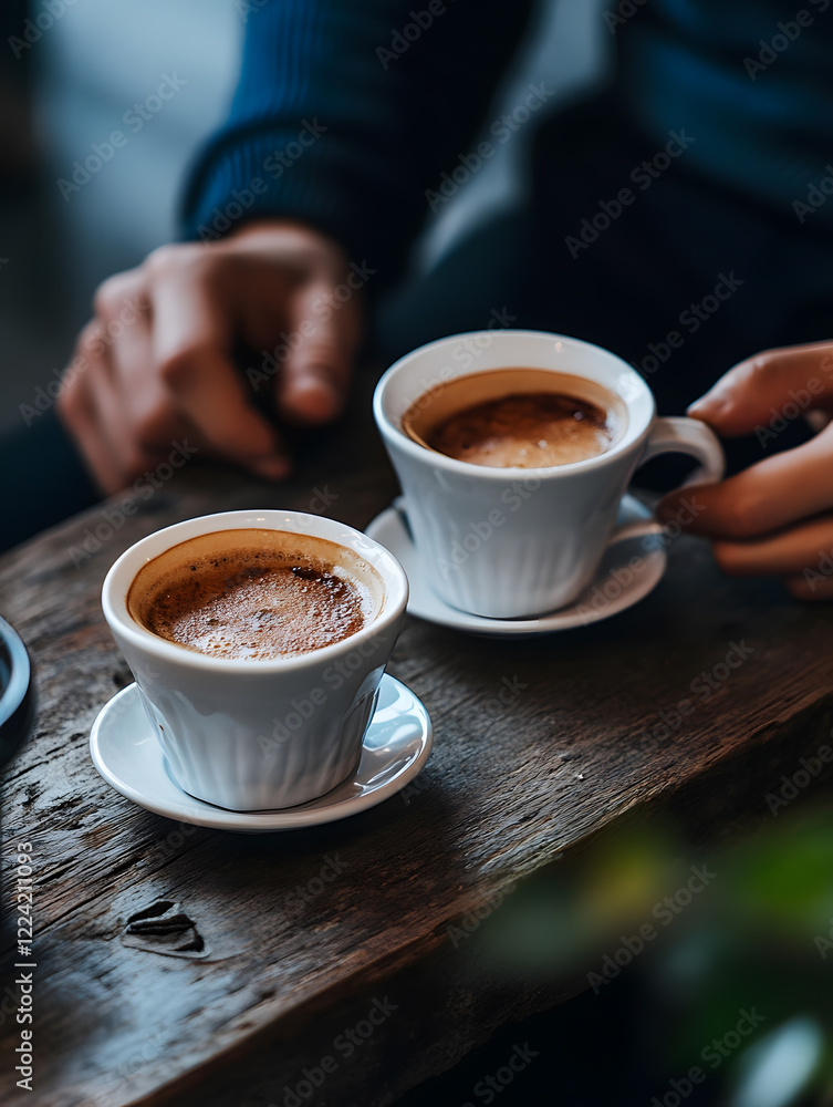 Poster handsome pair enjoying two cups of espresso in rustic café ambience : generative ai