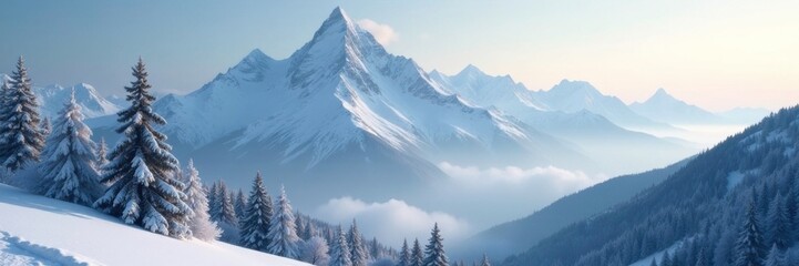 Softly falling snowflakes veil the mountain in a serene hush, landscape, peaceful, calm