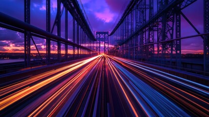 Fototapeta premium Bridge, Sunset, Traffic, Speed, Lights, Cityscape, Movement, Night, Urban, Travel