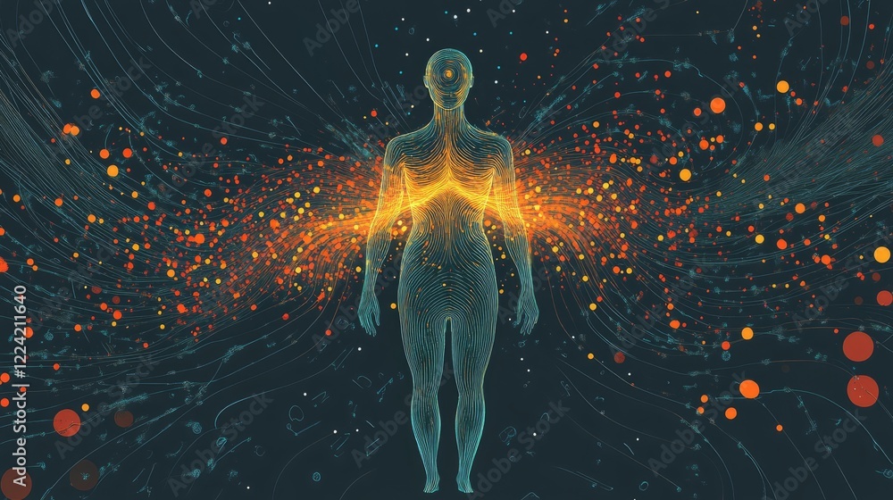Poster abstract visualization of human body with vibrant energy waves and dynamic particle flow