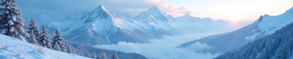 Fototapeta premium Softly falling snowflakes veil the mountain in a serene hush, landscape, peaceful