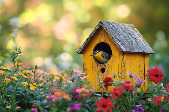 Tropical parula peeking out of yellow birdhouse in garden