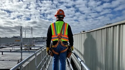 Industrial Worker on Elevated Platform: A lone worker in full safety gear, including a hard hat and safety harness, walks along a narrow elevated platform.