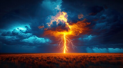 Fototapeta premium Dramatic lightning strikes illuminate dark storm clouds over open field, showcasing powerful natural phenomena 