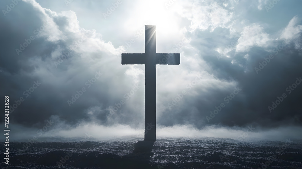 Aufkleber majestic cross in the clouds symbolizing peace and spiritual reflection : generative ai