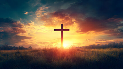 Stunning Sunset with Single Cross Silhouette in Tranquil Grassy Field : Generative AI