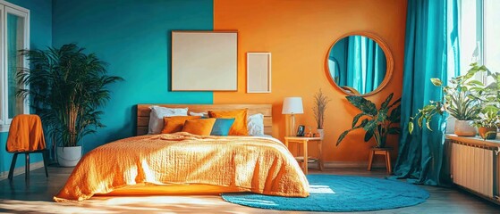 Vibrant Teal and Orange Bedroom Interior Design with Plants and Sunlight