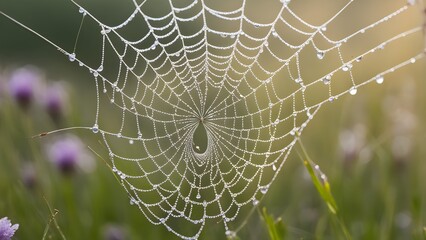 Close-up of a dewy spiderweb glistening in the morning sun, set against a blurred background of wildflowers.