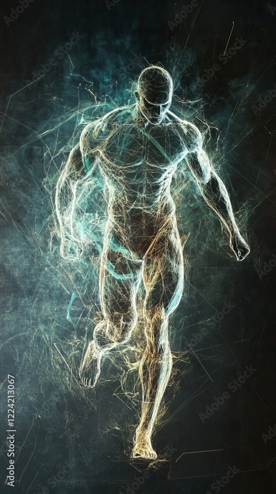 Poster dynamic abstract figure in motion with neon light trails