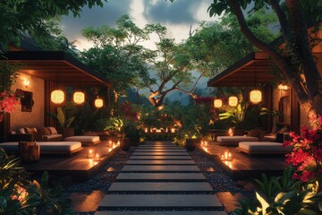 Relaxing tropical resort with lanterns illuminating the path at dusk